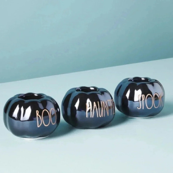 NEW Set of (3) -Rae Dunn BOO/SPOOKY/HAUNTED Fun Pumpkin Shaped Tea Light Holders - Picture 5 of 7